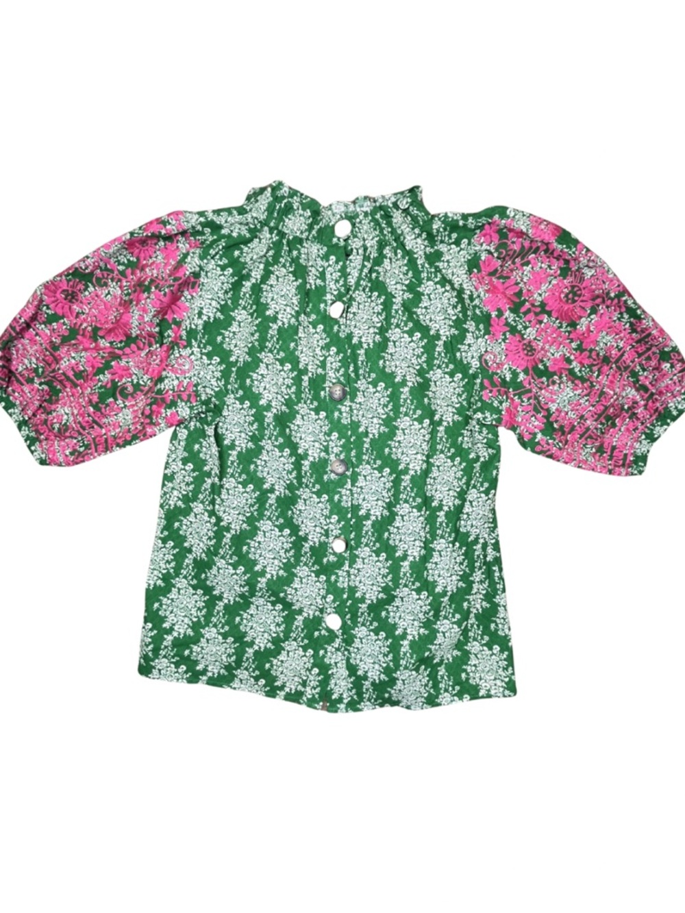 THML Green Floral Embroidered Puff Sleeve Boho Cottagecore Blouse Size Small NWT